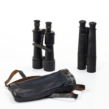 Two binoculars, Carl Zeiss Jena DE 10x50 and a French 19th-century telescope.