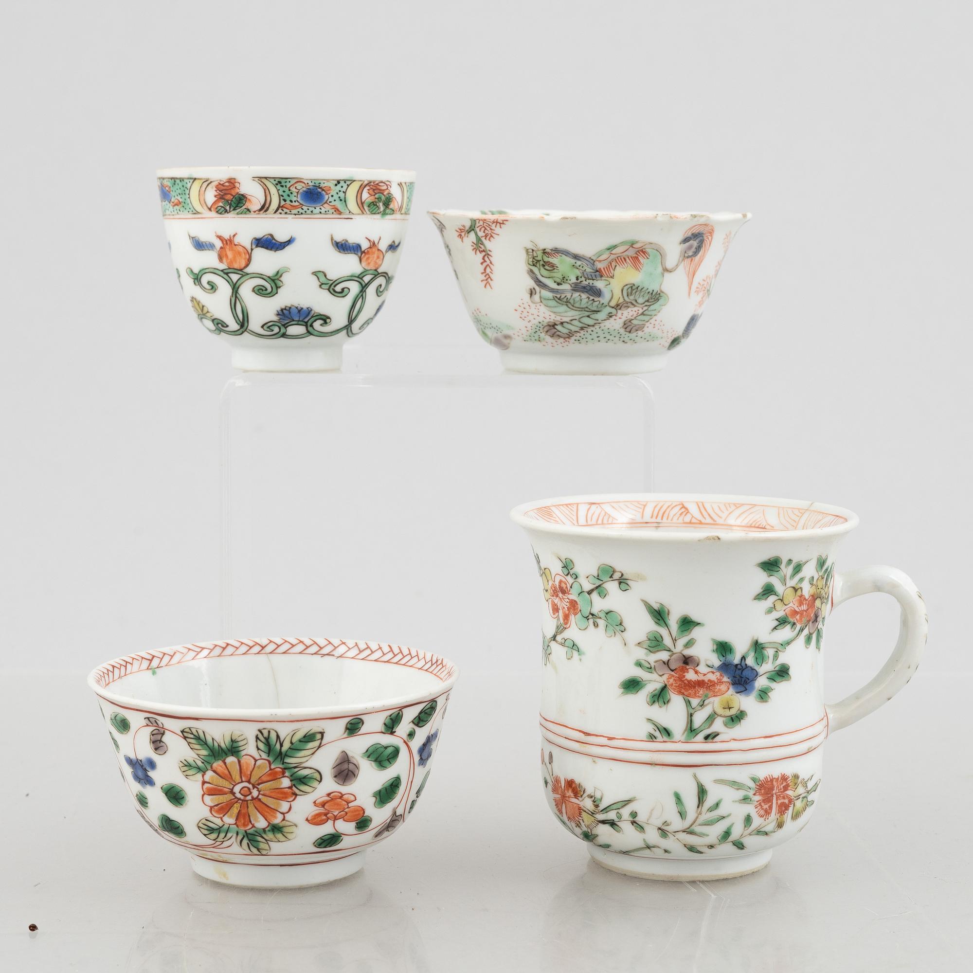 Koppar, fyra stycken, porslin, Qingdynastin, Kangxi (1662-1722).