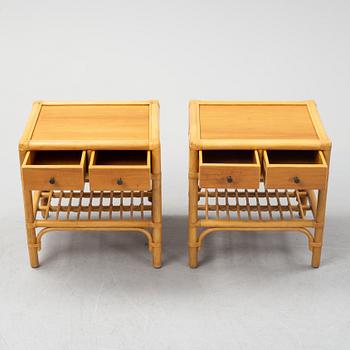 A pair of teak, bamboo and rattan bedside tables, late 20th Century.