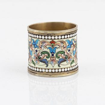 A Russian silver-gilt and cloisonné enamel napkin ring, unidentified makers mark, Moscow 1899-1908.