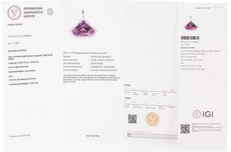 A 14K gold necklace with kunzite and brilliant cut diamonds.