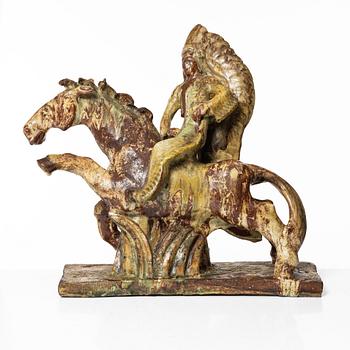 Allan Ebeling, a glazed ceramic sculpture, in the form of a Native American on horseback, Torshälla 1935.