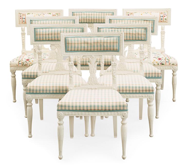 Eight late Gustavian circa 1800 chairs.