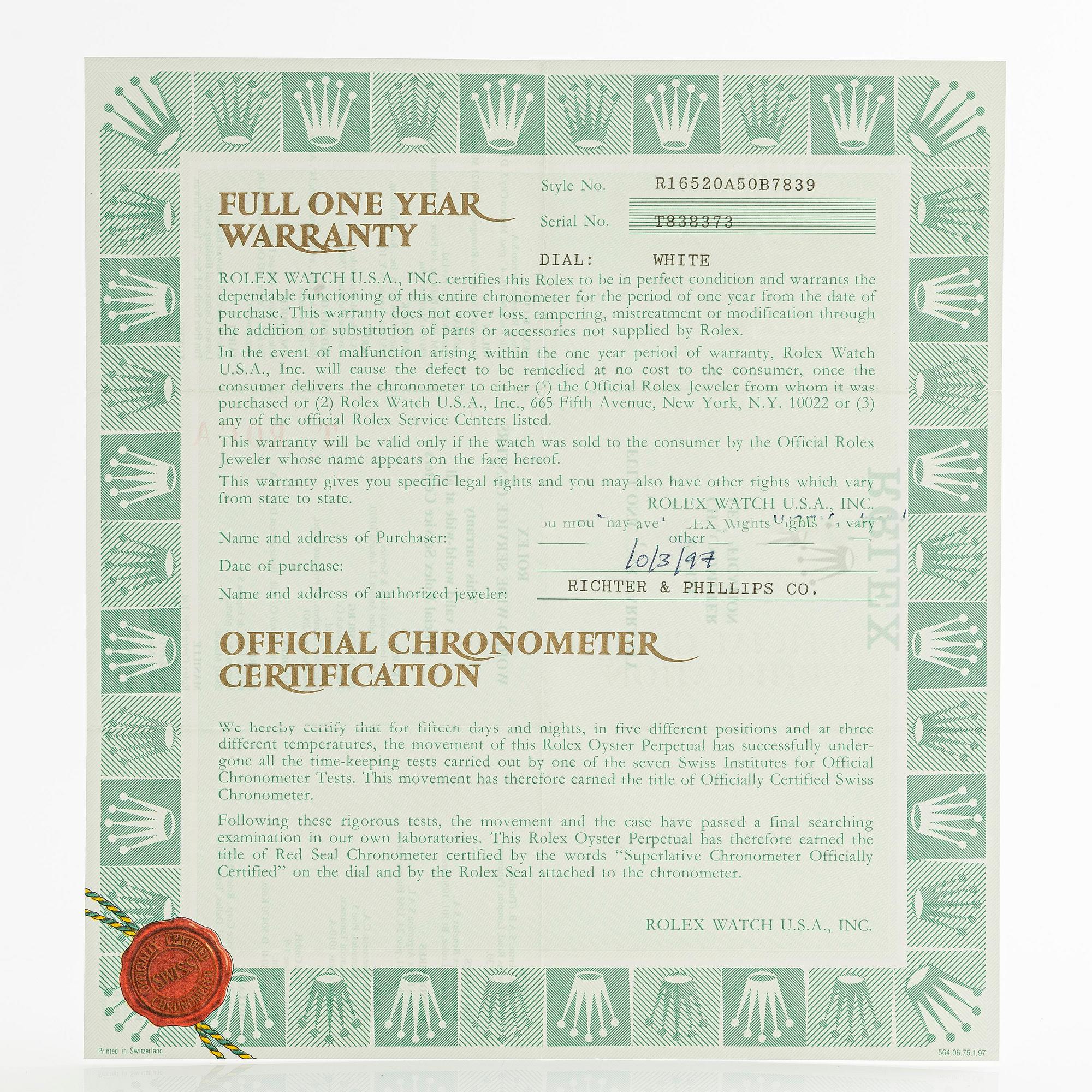 Rolex, Cosmograph, Daytona, "Rolex CPO", ca 1997.