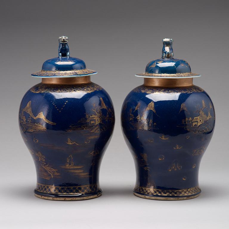 A pair of 'powder blue' baluster jar with covers, Qing dynasty, Qianlong (1736-95).