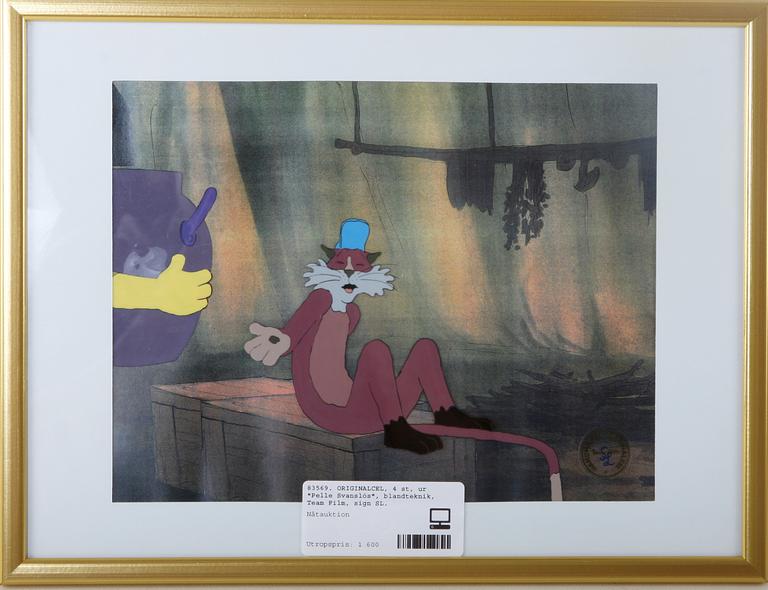 ORIGINALCEL, 4 st, ur "Pelle Svanslös", blandteknik, Team Film, sign SL.