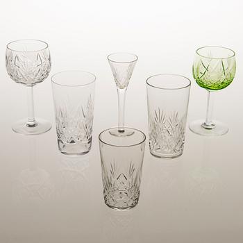 Drinkware, 37 glasses of the 'Yrjö' and 'Aino' series for Riihimäen Lasi, Finland.