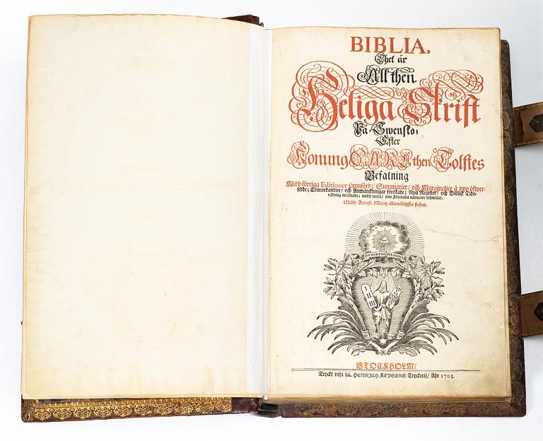 Karl XII:s stora kyrkobibel, 1702-3, med Peringskiölds bibliska historia, 1713.