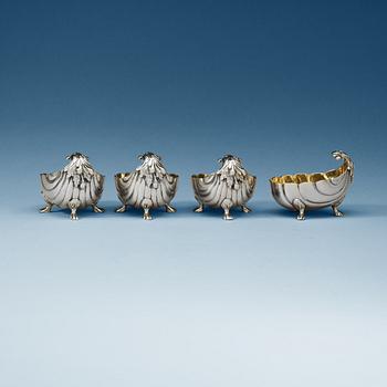 A set of four Swedish 18th century parcel-gild salts, makers mark of Petter Lund (Stockholm 1749-1786) befor 1764.