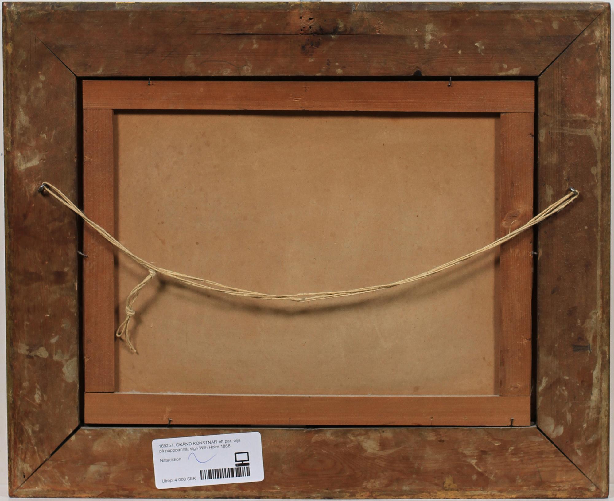 OKÄND KONSTNÄR ett par, olja på pappannå, sign Wilh Holm 1868.