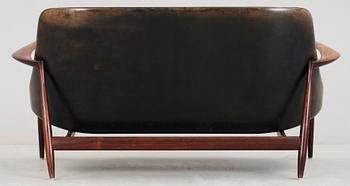 An Ib Kofod Larsen 'Elisabeth' palisander and black leather sofa, Christensen & Larsen, Denmark 1950-60's.