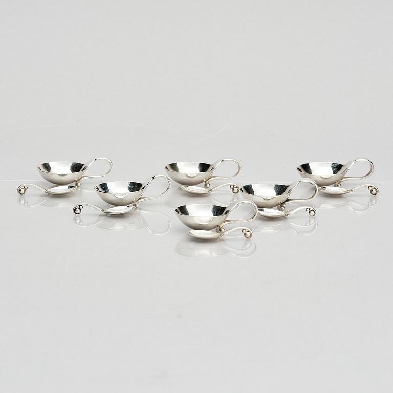 Georg Jensen, salt cellars with spoons, silver, 6 pcs, design no. 110, Copenhagen.