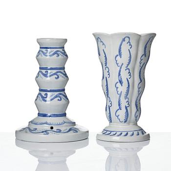 Wilhelm Kåge, Two earthenware vases, a lamp base and a jar with cover, Gustavsberg, Sweden, dated 1920.