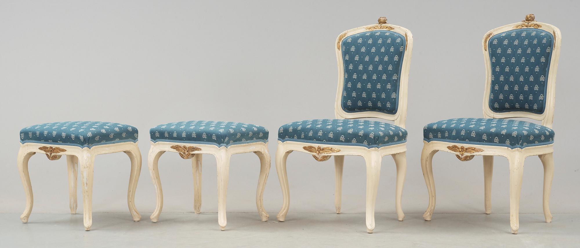 SOFFGRUPP, 7 delar, rokokostil, omkring 1900.