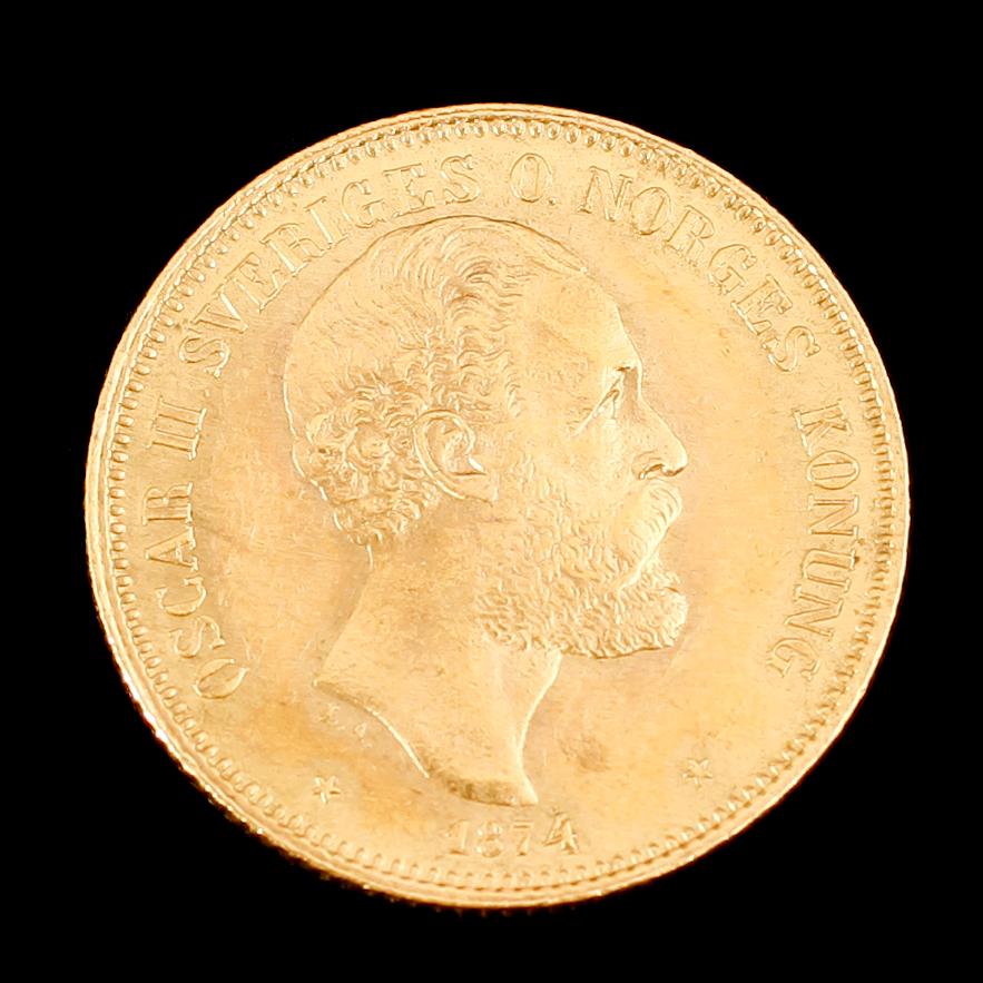 GULDMYNT, 20 kr, Oscar II, 1874. Vikt ca 9 gram.