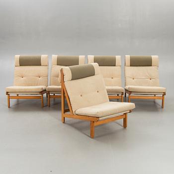 A set of five pine 1970:s easy chairs by Bernt Pedersen 'Kludestol', Denmark.