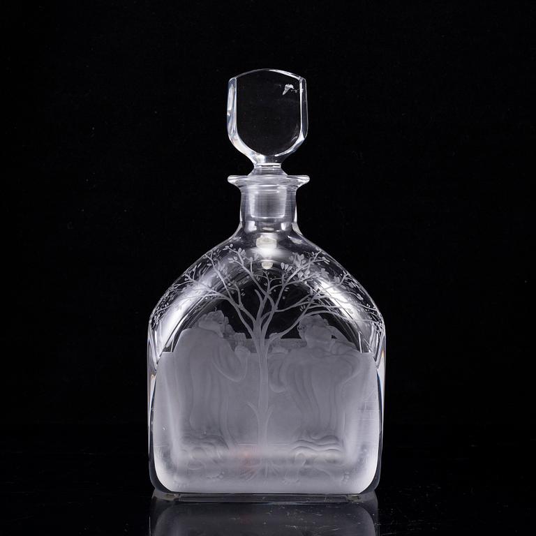 EDWARD HALD, an engraved bottle with stopper Orrefors, Sweden, model 1230.