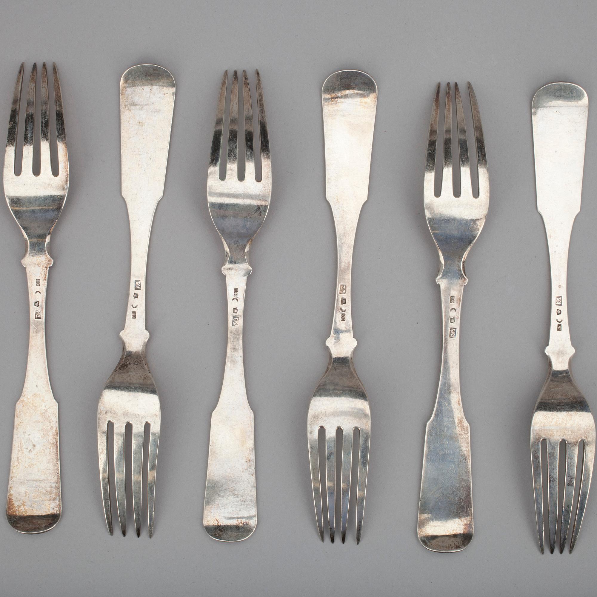 GAFFLAR, 6 st, silver, Fredrik Bredholm, Kuopio Finland 1850. Vikt 397 g.