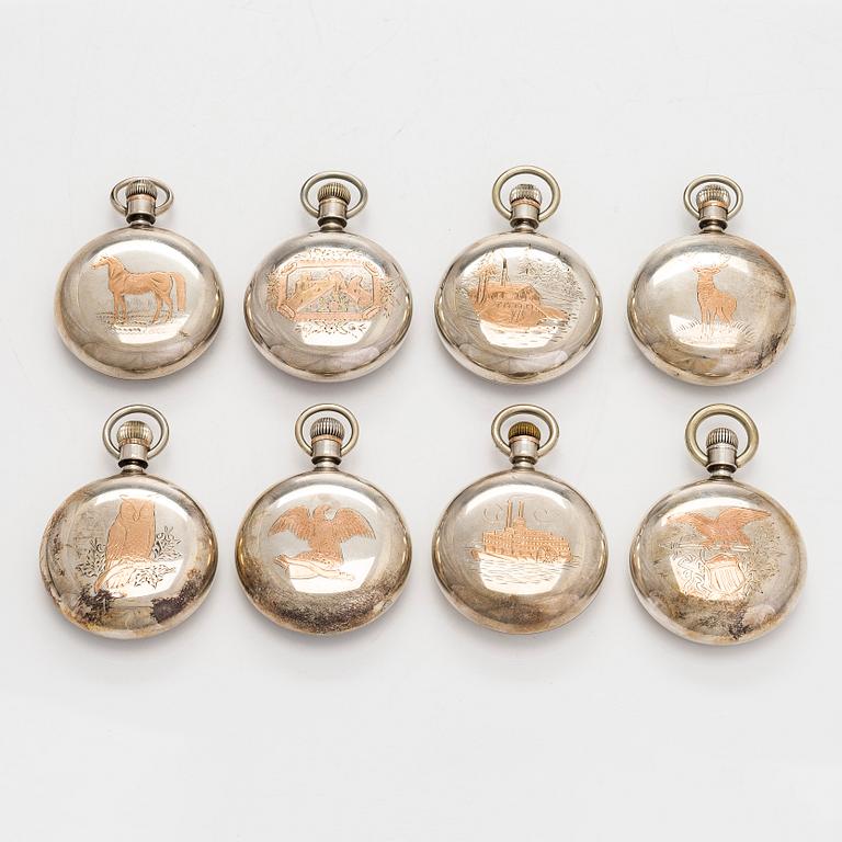 Kokoelma taskukelloja, 16 kpl, hopeaa.