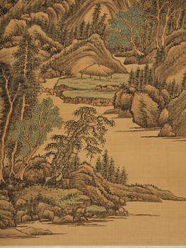 Qian Weicheng, (China 1720-1772), ink and colour on silk. 'Mountainious landscape'.