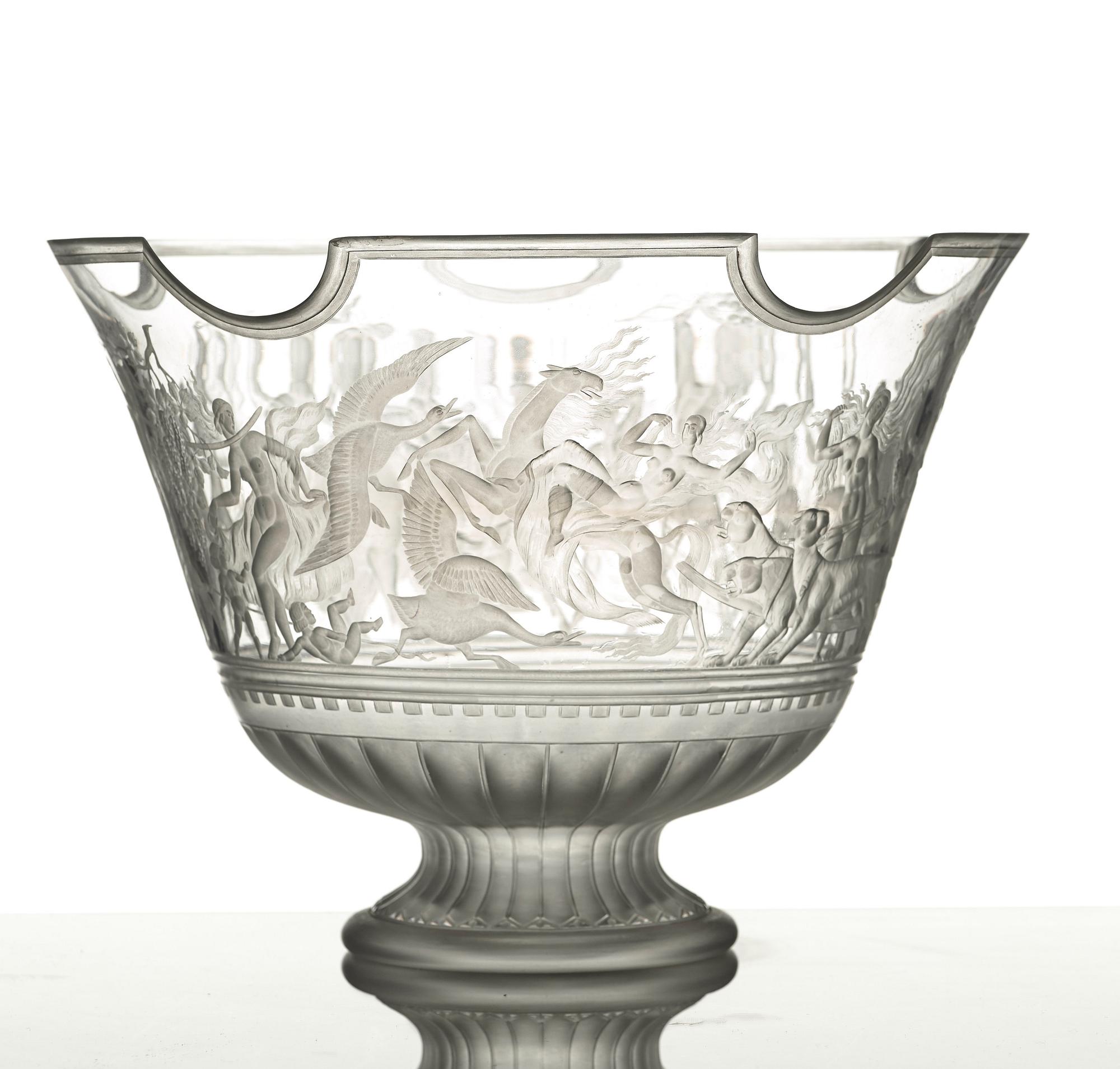 Simon Gate, a Swedish Grace engraved "Bacchus" bowl, Orrefors, Sweden 1926, engraved by Arthur Diessner.