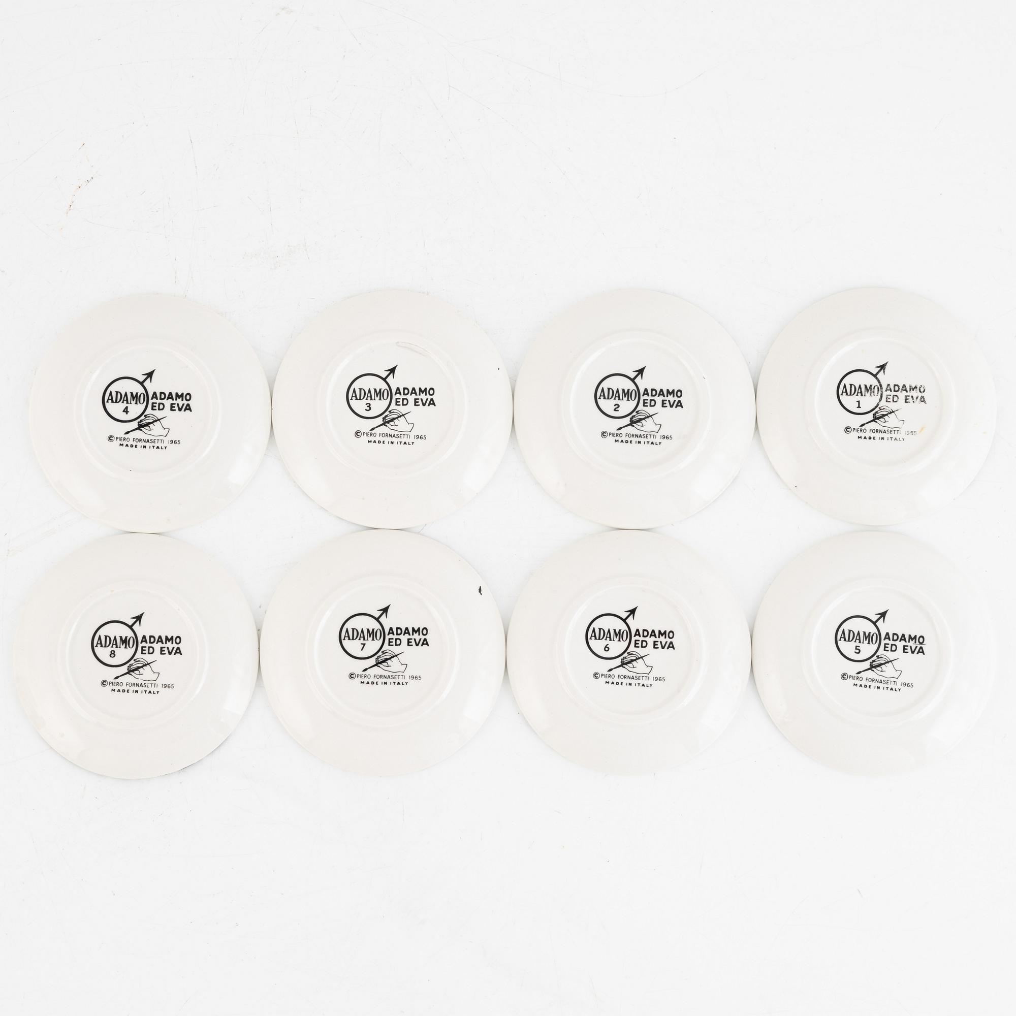 Piero Fornasetti, glasunderlägg, 8 st, "Adamo ed Eva",flintgods, Milano, Italien, 1965.