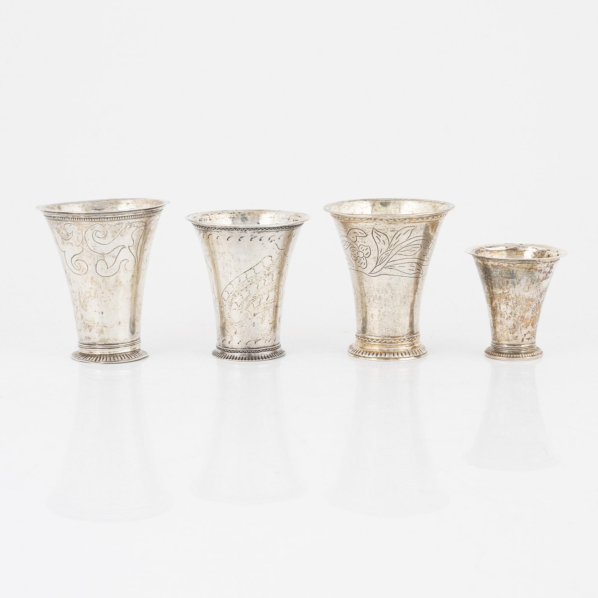Four Swedish silver miniature beakers, 18th century.