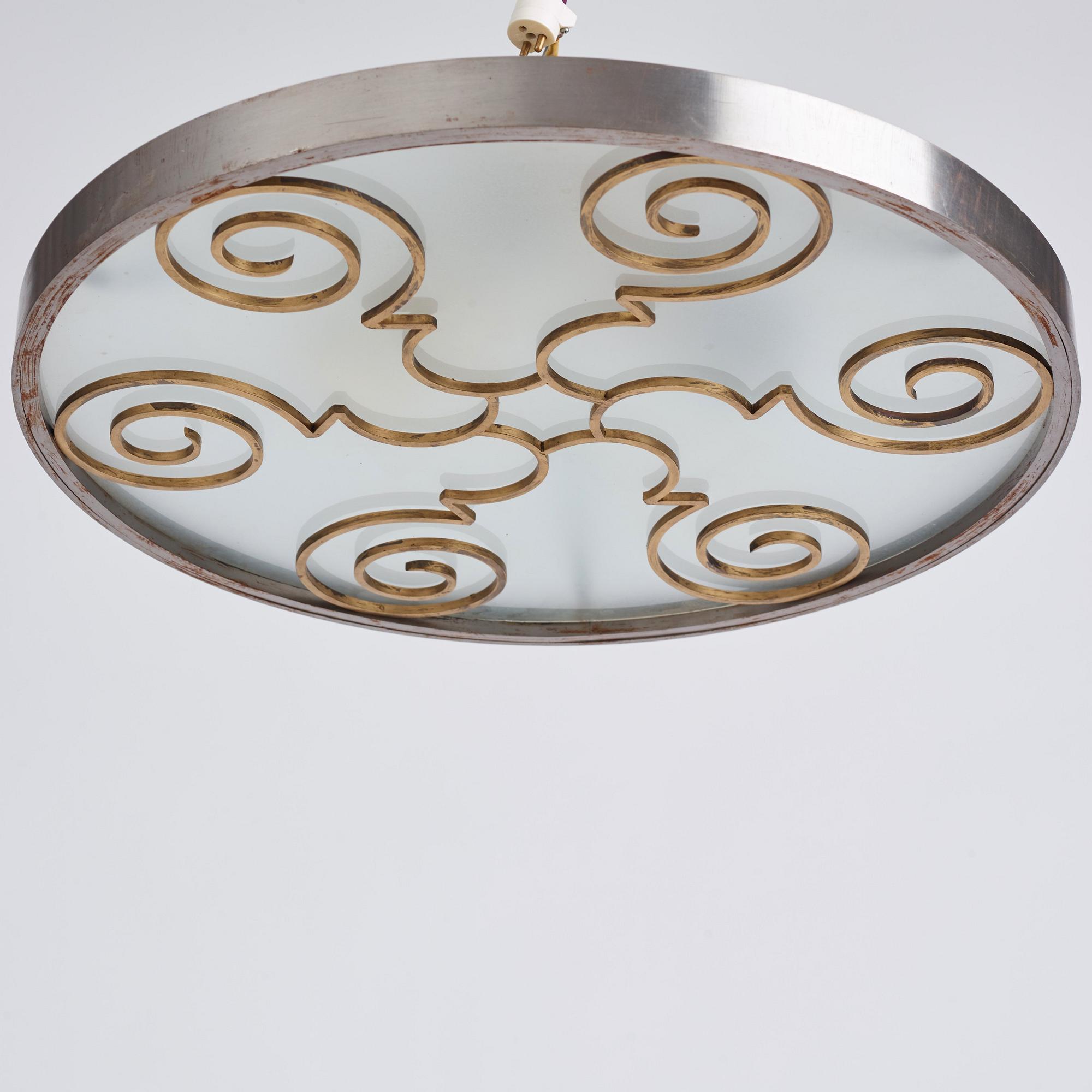 Lars Holmström, a Swedish Grace brass and steel framed ceiling light, Arvika 1920-30s.
