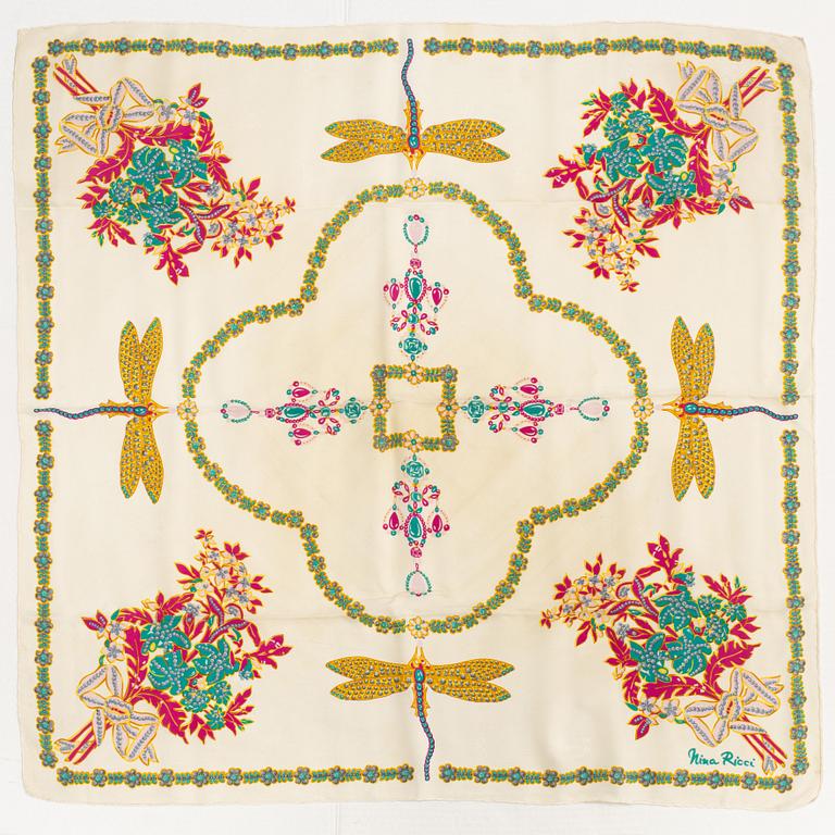 Nina Ricci, five silk scarves.