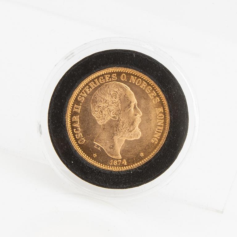 Guldmynt Sverige, Oscar II 20 kr, 1874, felpräglat.