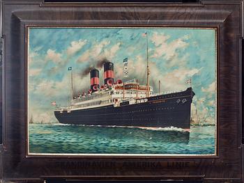 REKLAMSKYLT, plåt, Skandinavien-Amerika-Linien. 1900-talets början.