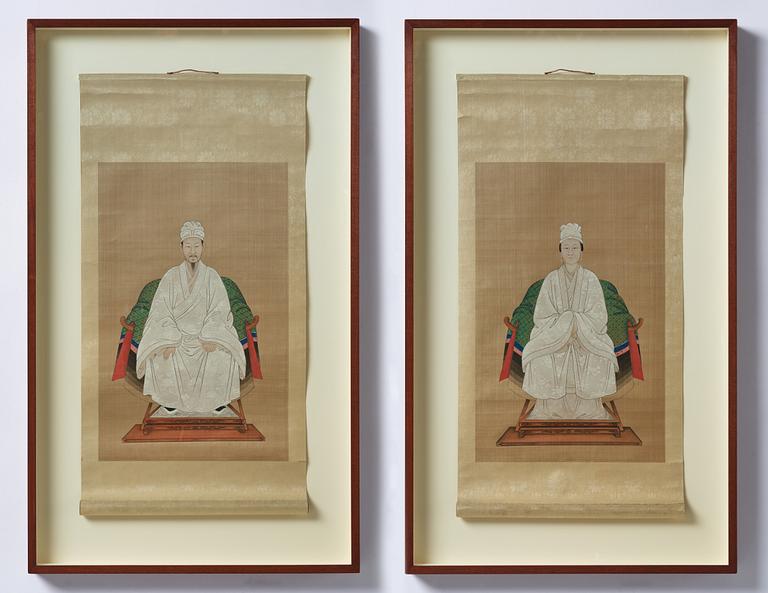 A pair of Thai ancestors portraits, around 1900.