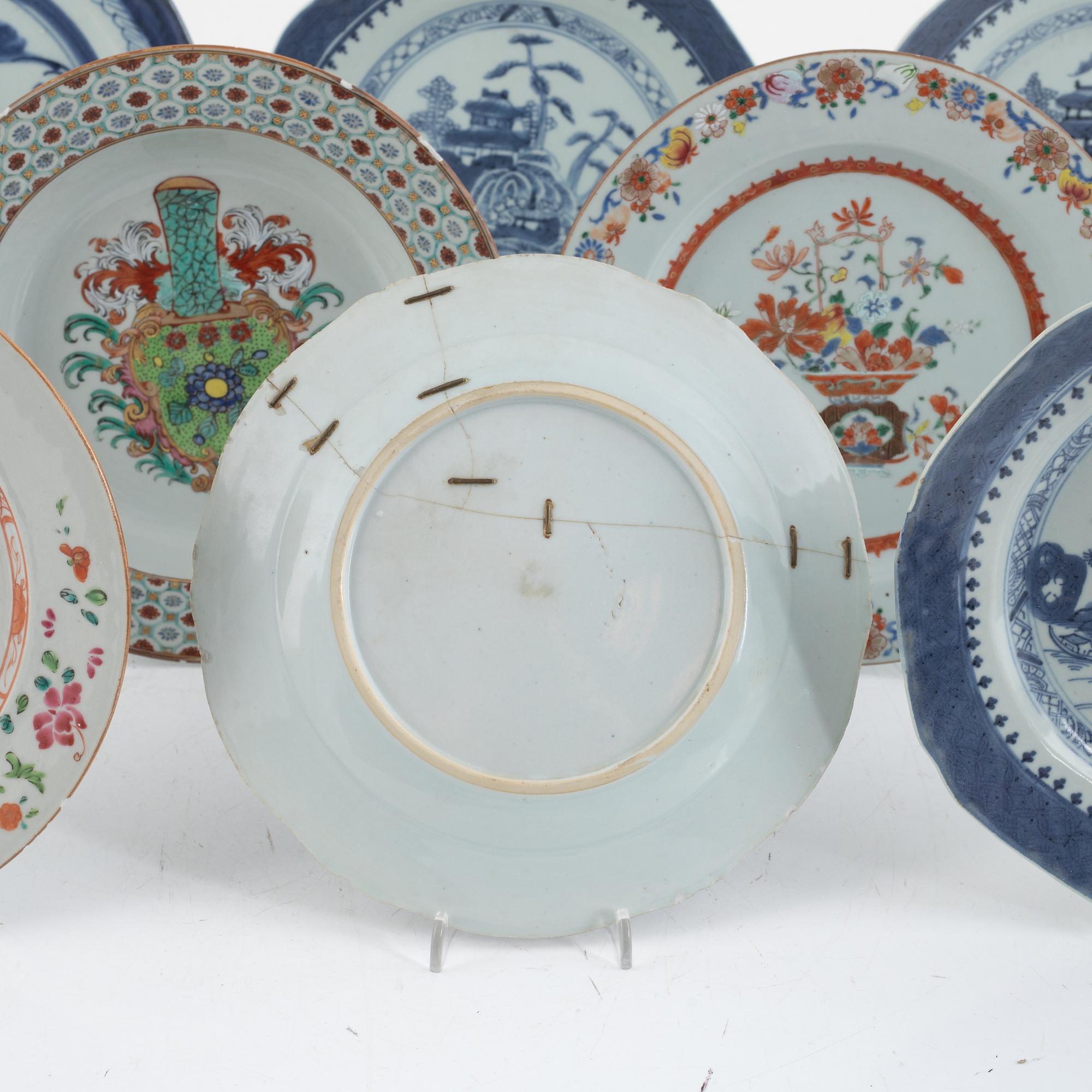 A group of nine Chinese export porcelain plates, 18th and 19th century and one plate probably Samson.