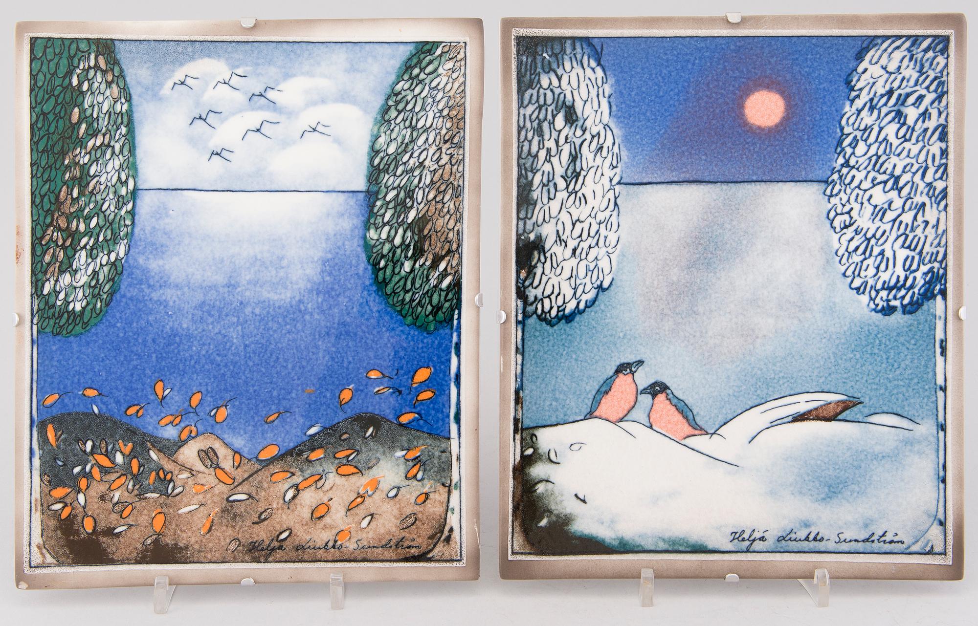 HELJÄ LIUKKO-SUNDSTRÖM, A set of two ceramic wall plaquets, signed. Arabia Finland.
