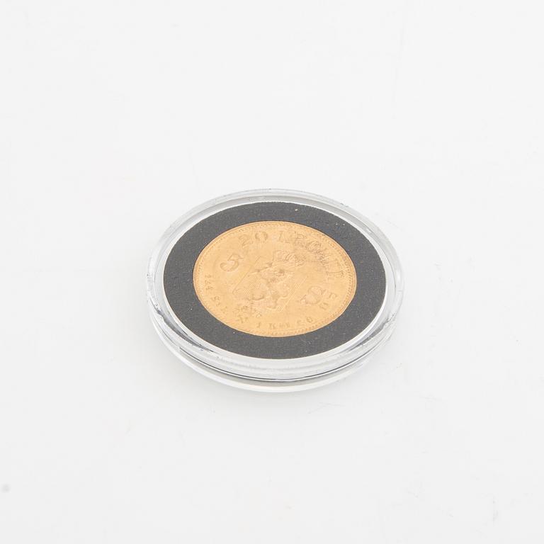 Guldmynt Norge, Oscar II 20 kr 5 Speciedaler, 1875.