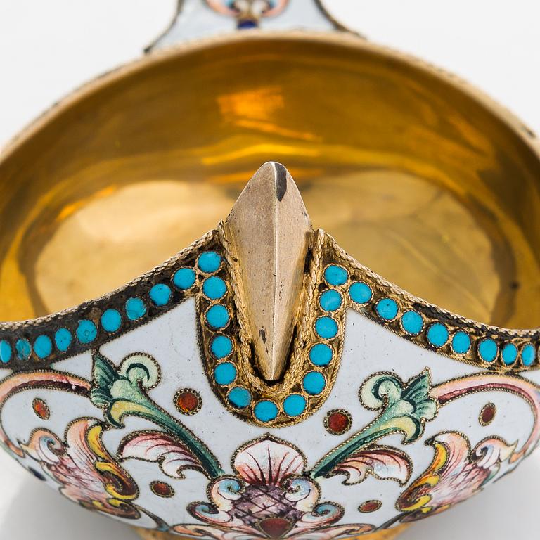 A gilt silver cloisonné enamel kovsh, unidentified Cyrillic maker's mark IGT, Moscow  1898-1914.