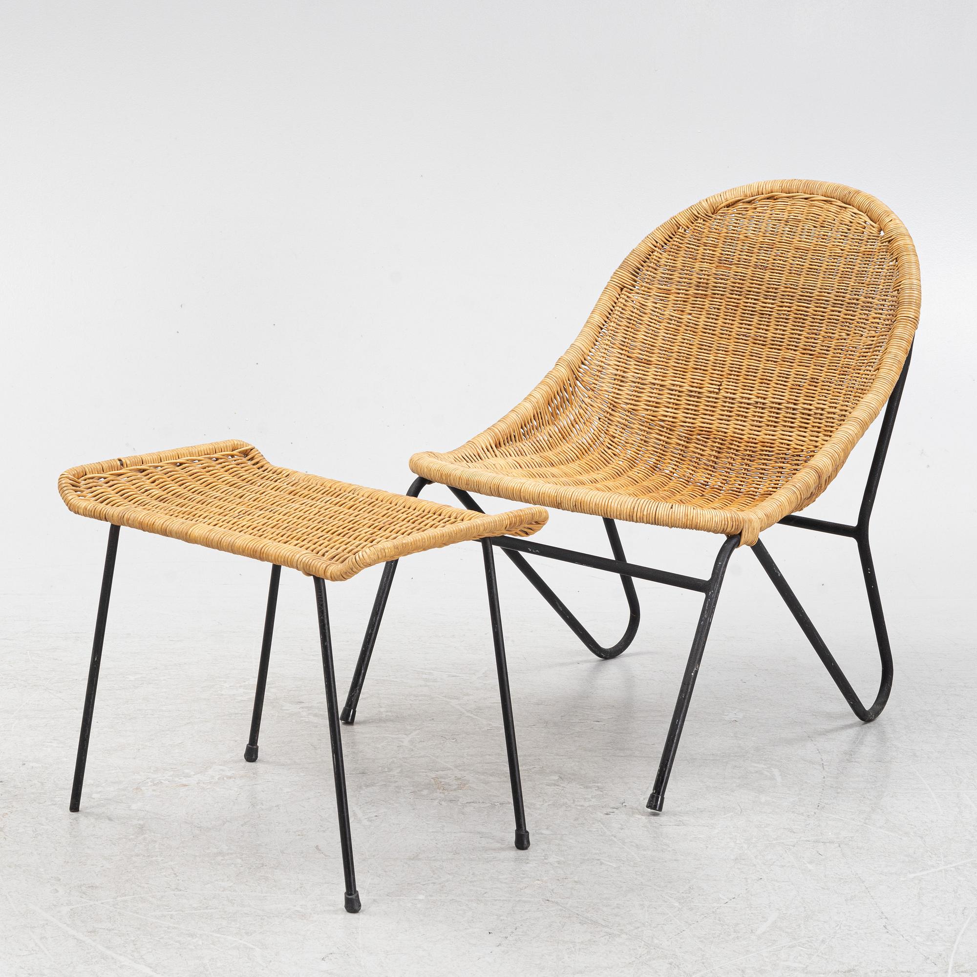 A rattan chair with ottoman, 1950's.