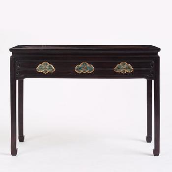 A Chinese zitan altar table with cloisonné placques, Qing dynasty, Qianlong period (1736-1795).