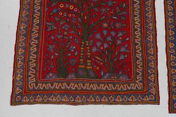 A pair of semi-antique Pateh Kerman embroideries, ca 279 x 88 cm and 282 x 84 cm.