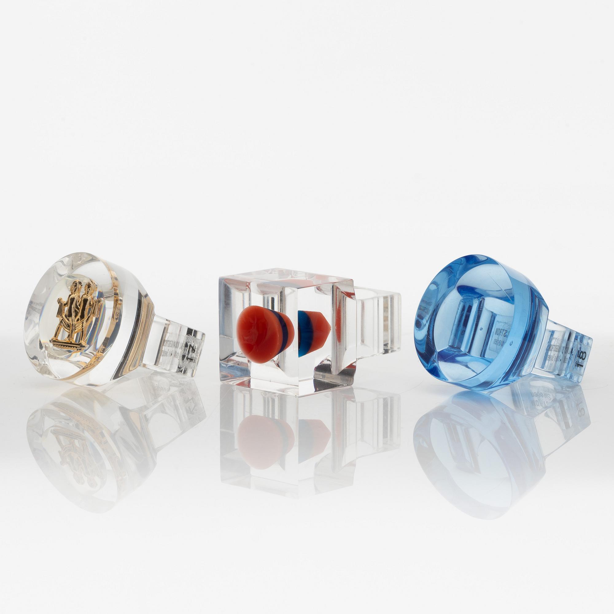 Siv Lagerström, three acrylic plastic rings, 1970s.