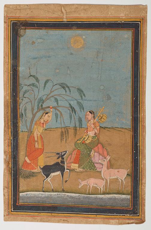 OKÄND KONSTNÄR, två stycken, bläck och färg på papper med förgyllda detaljer. Indien, 1800-tal.