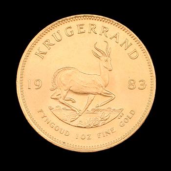 GULDMYNT, finguld, Krugerrand, Sydafrika, 1983. Vikt ca 34 g.