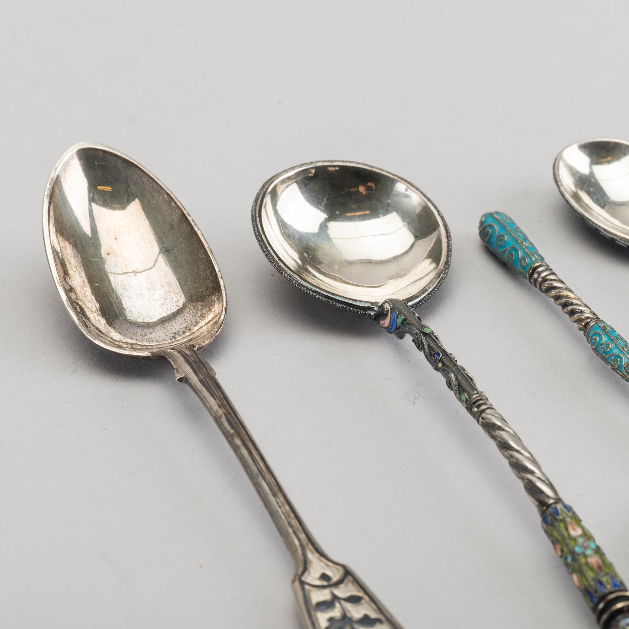 A set of six Russian silver and enamel spoons, around 1900 weight ca 195 gr.
