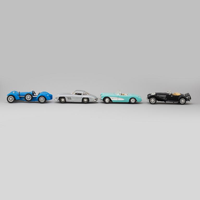 Four toy cars, Bburago, Italy, late-20th century.