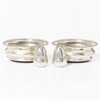 Coasters, a pair, silver, Birmingham, England, and shakers, a pair, silver, Norway.