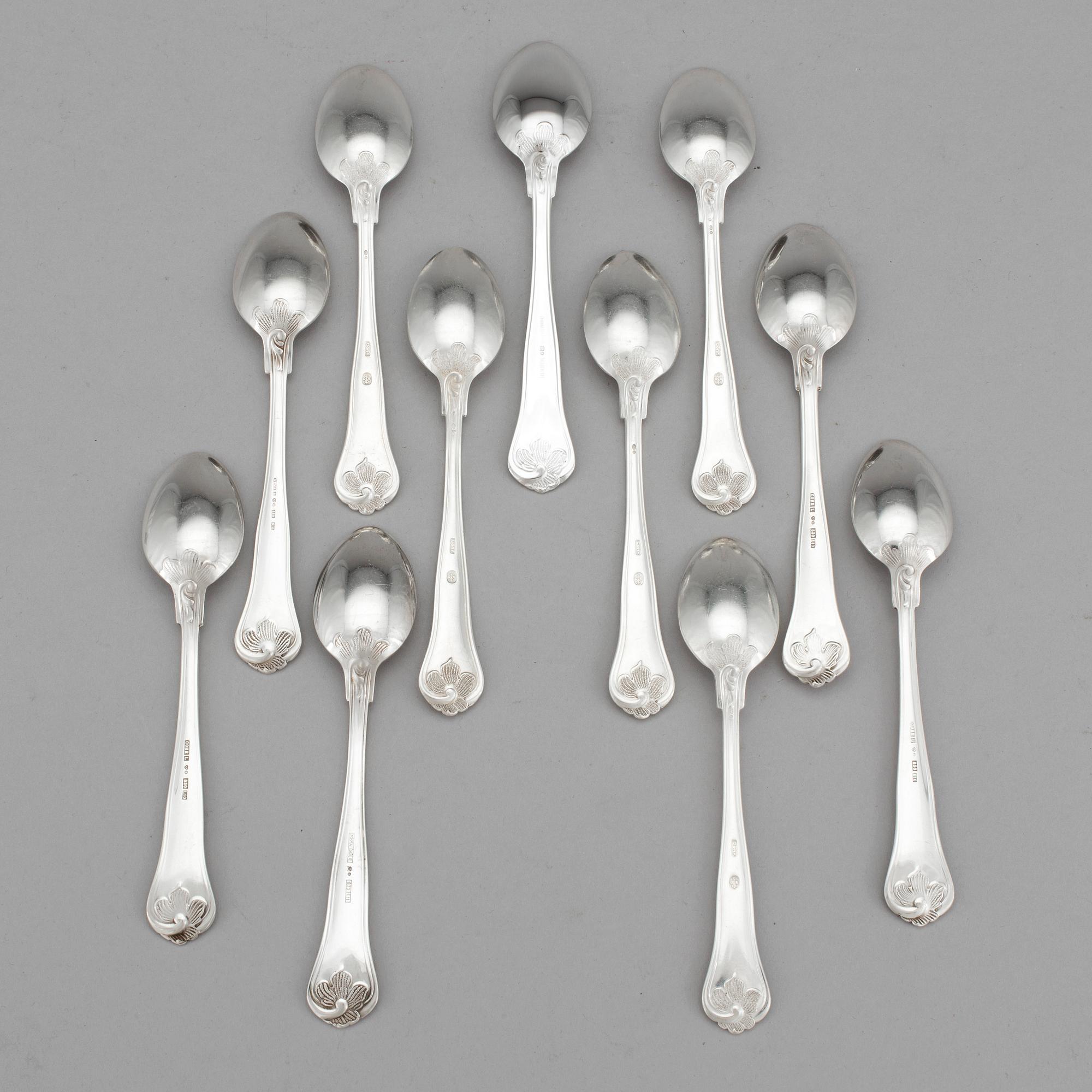 KAFFESKEDAR, 11 st, silver, "Sachsisk", Cohr och Mema,  sent 1900-tal. Vikt 150 gram.