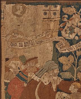 An embroidered framed fragment of a Swiss table carpet, first half of the 16th century.