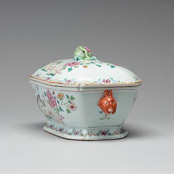 A famille rose 'double peacock' tureen with cover and stand, Qing dynasty, Qianlong (1736-1795).