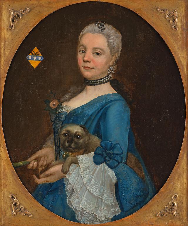 Unknown artist, 19th century, Noblewoman with a Dog, coat of arms featuring three hearts and a double-headed eagle.