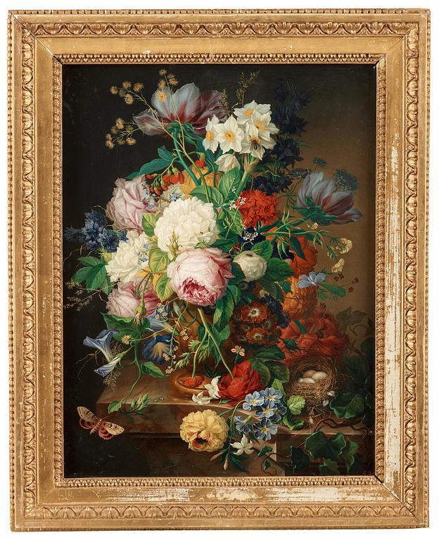 Joseph Nigg, Still life with roses, forget-me-not, poppies, hyacinths, butterflies and a bird's nest.